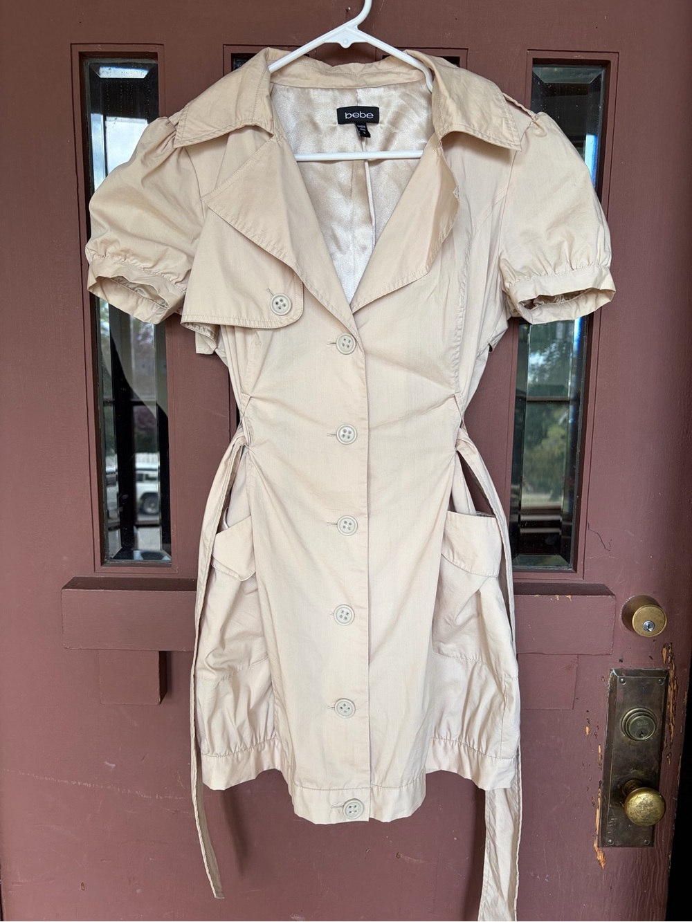 vintage Bebe Short Sleeve Trench Coat Dress in a khaki/tan neutral shade. Medium